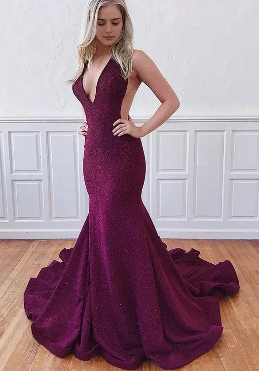 Wine red deep V backless fish tail deep V neckline dress with shiny sequins on the body by YiHuiw