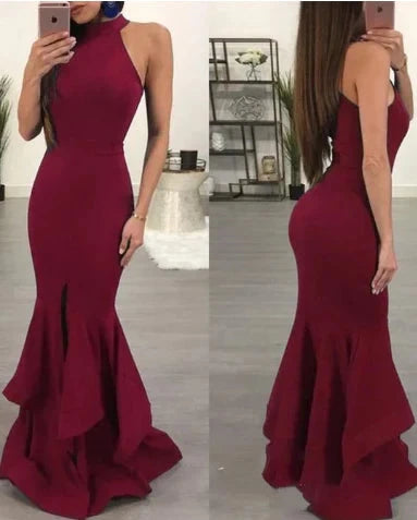 Wine red dress with a hanging neck and sleeveless design, slim fit fish tail skirt with layered ruffles, suitable for occasions such as dinners and dances, by YiHuiw