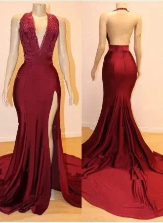 Wine red fishtail dress, front deep V-neck with lace decoration suitable for dinners and parties by YiHuiw