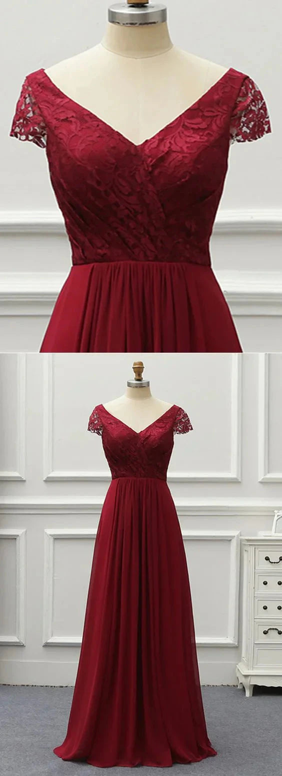 Wine red long dress, V-neck short sleeved high waisted chiffon skirt suitable for dinners, weddings and other occasions by YiHuiw