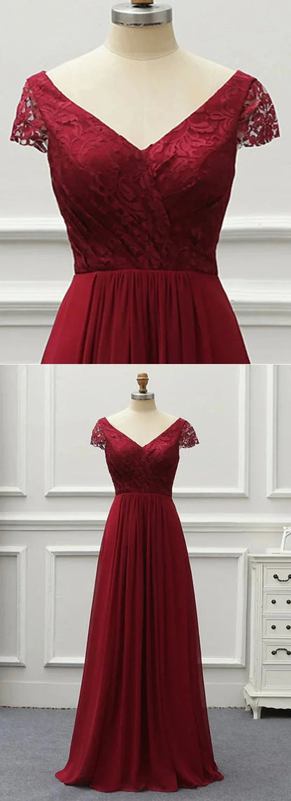Wine red long dress, V-neck short sleeved high waisted chiffon skirt suitable for dinners, weddings and other occasions by YiHuiw