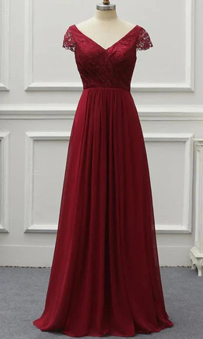 Wine red long dress, V-neck short sleeved high waisted chiffon skirt suitable for dinners, weddings and other occasions by YiHuiw