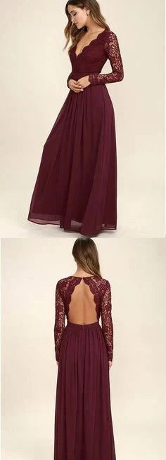 Wine red long dress, deep V-neck lace material, long sleeved design suitable for dinner parties by YiHuiw