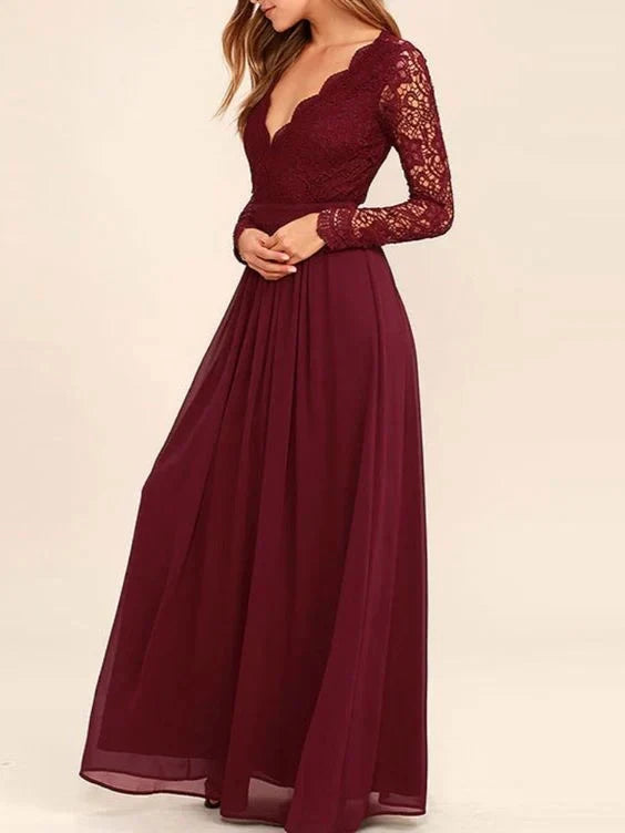 Wine red long dress, deep V-neck lace material, long sleeved design suitable for dinner parties by YiHuiw