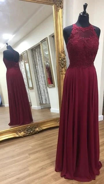 Wine red long dress, neck hanging collar, upper body lace splicing suitable for dinners, weddings and other occasions by YiHuiw