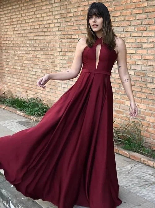 Wine red long dress with a hanging neck collar suitable for dinners, parties, and weddings by YiHuiw