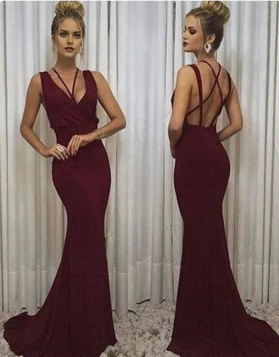Wine red long dress with deep V-neck and cross straps suitable for dinners, red carpets, parties, etc by YiHuiw
