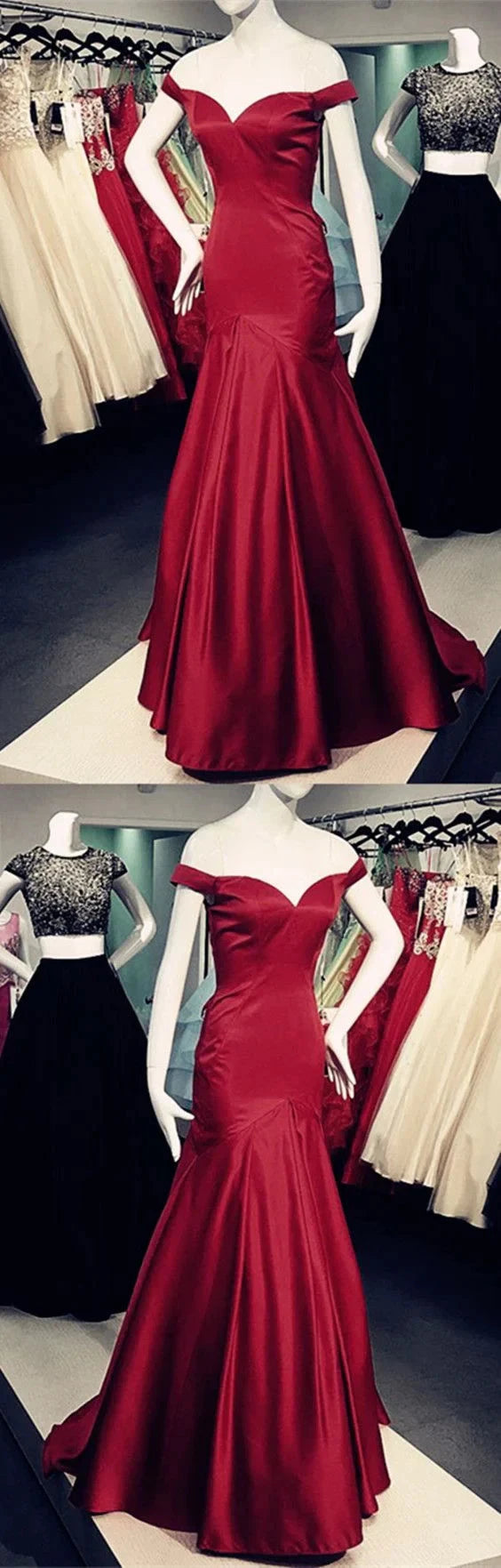 Wine red satin dress with off shoulder heart-shaped neckline and slim fishtail skirt, by YiHuiw