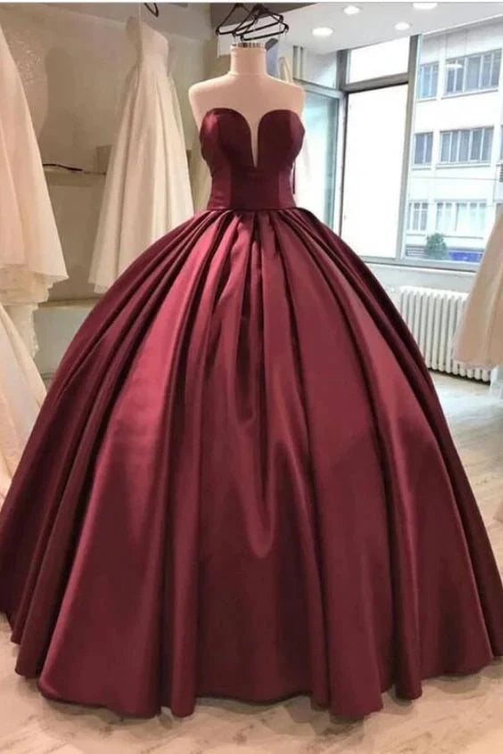 Wine red satin wedding dress with strapless design, high waist and large skirt by YiHuiw