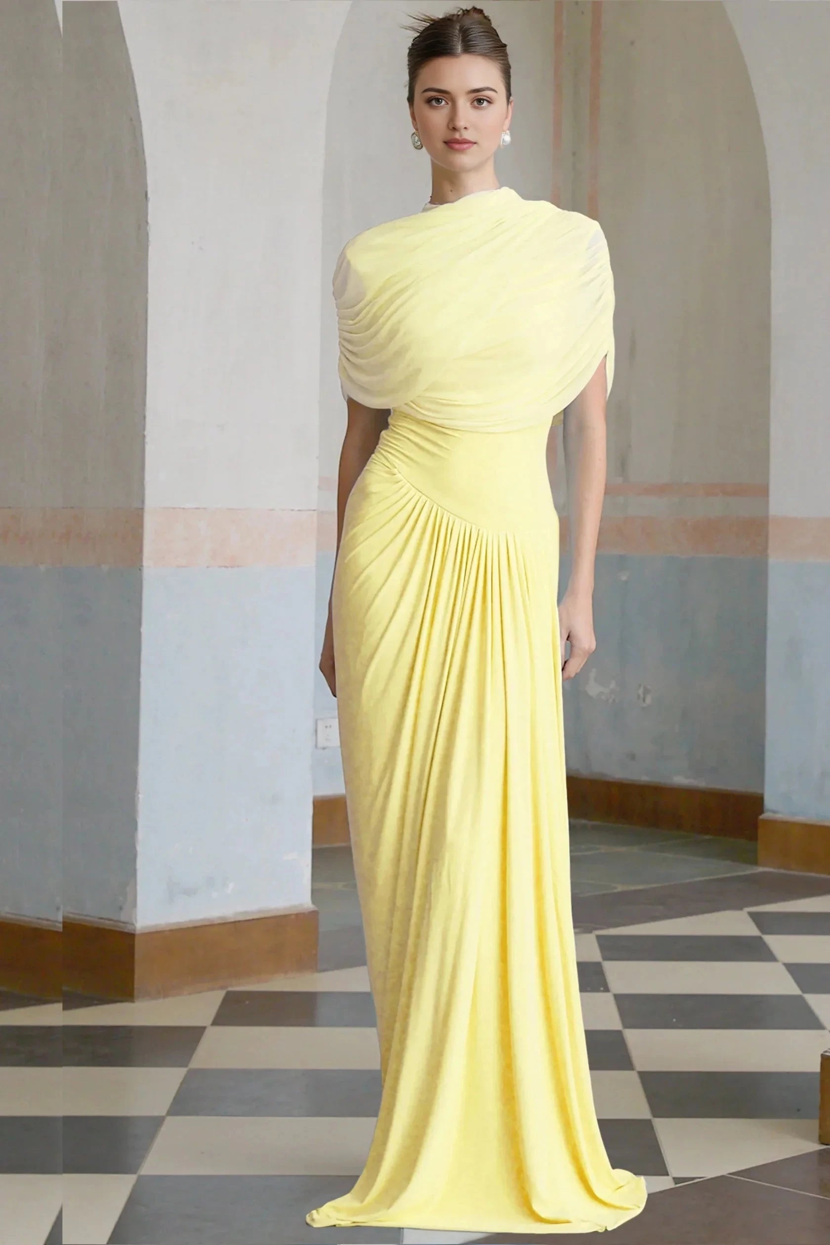 Yellow Draped One - Shoulder Evening Gown asymmetrical pleated maxi dress in Yellow Evening Dress by YiHuiw