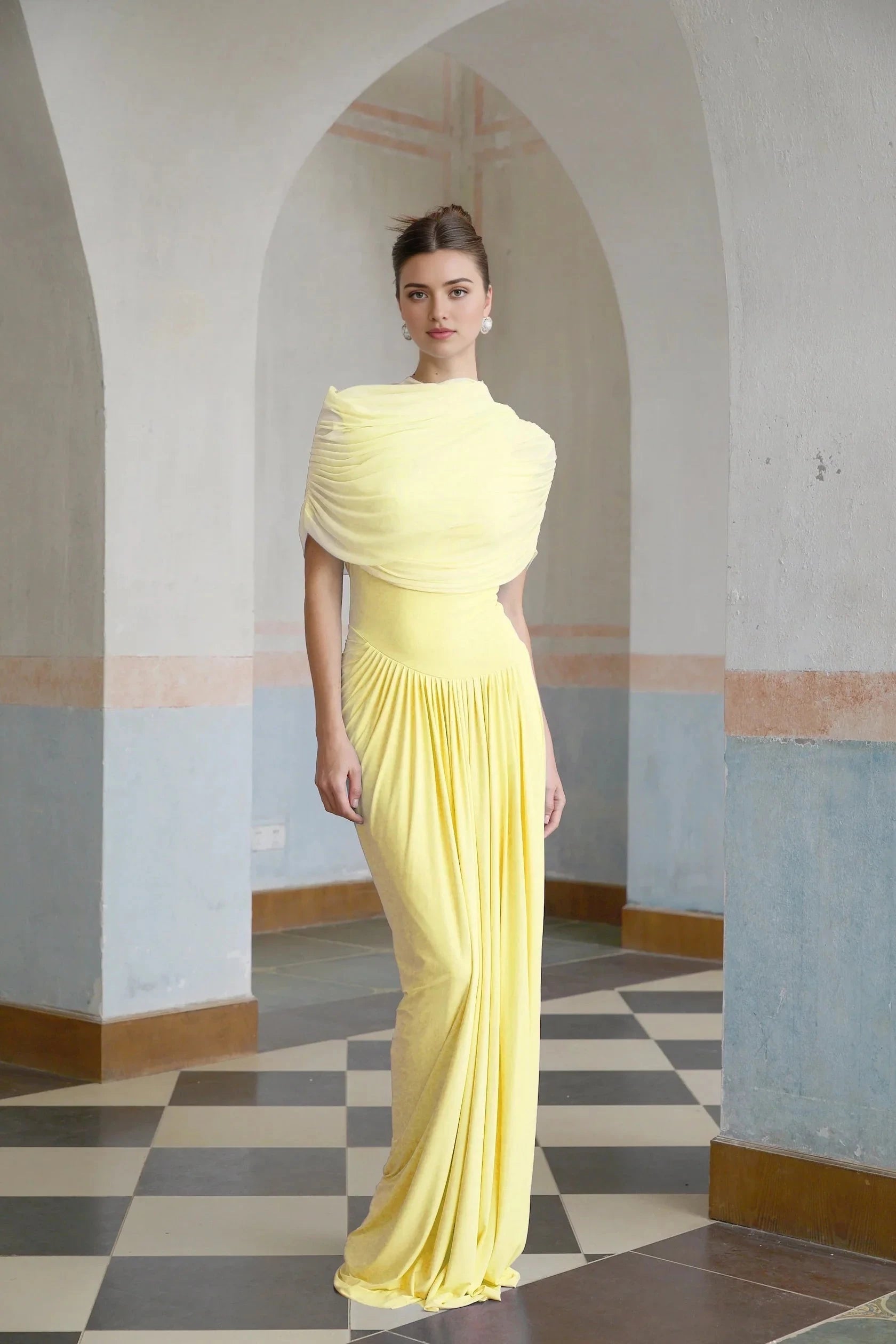 Yellow Draped One - Shoulder Evening Gown asymmetrical pleated maxi dress in Yellow Evening Dress by YiHuiw