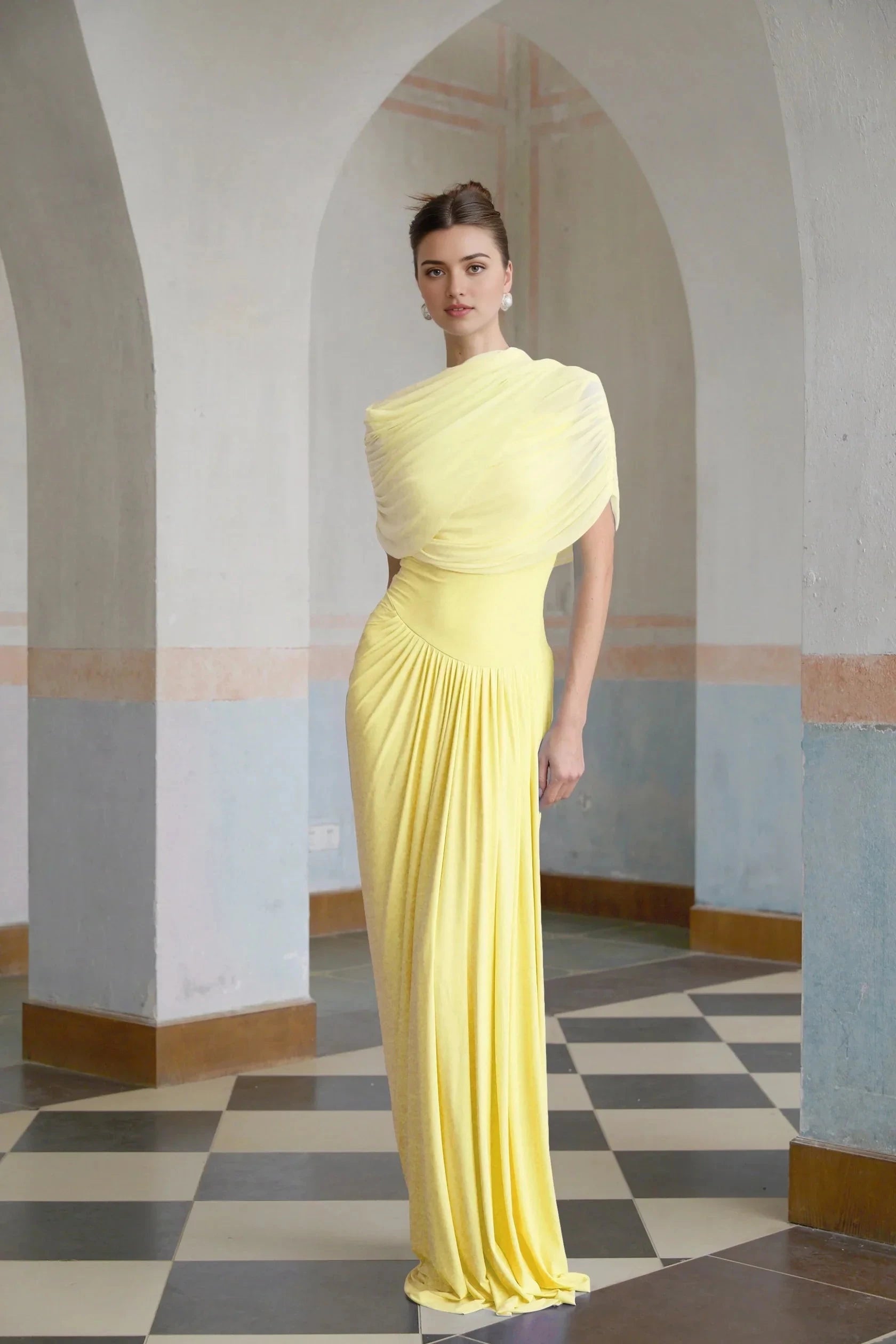 Yellow Draped One - Shoulder Evening Gown asymmetrical pleated maxi dress in Yellow Evening Dress by YiHuiw