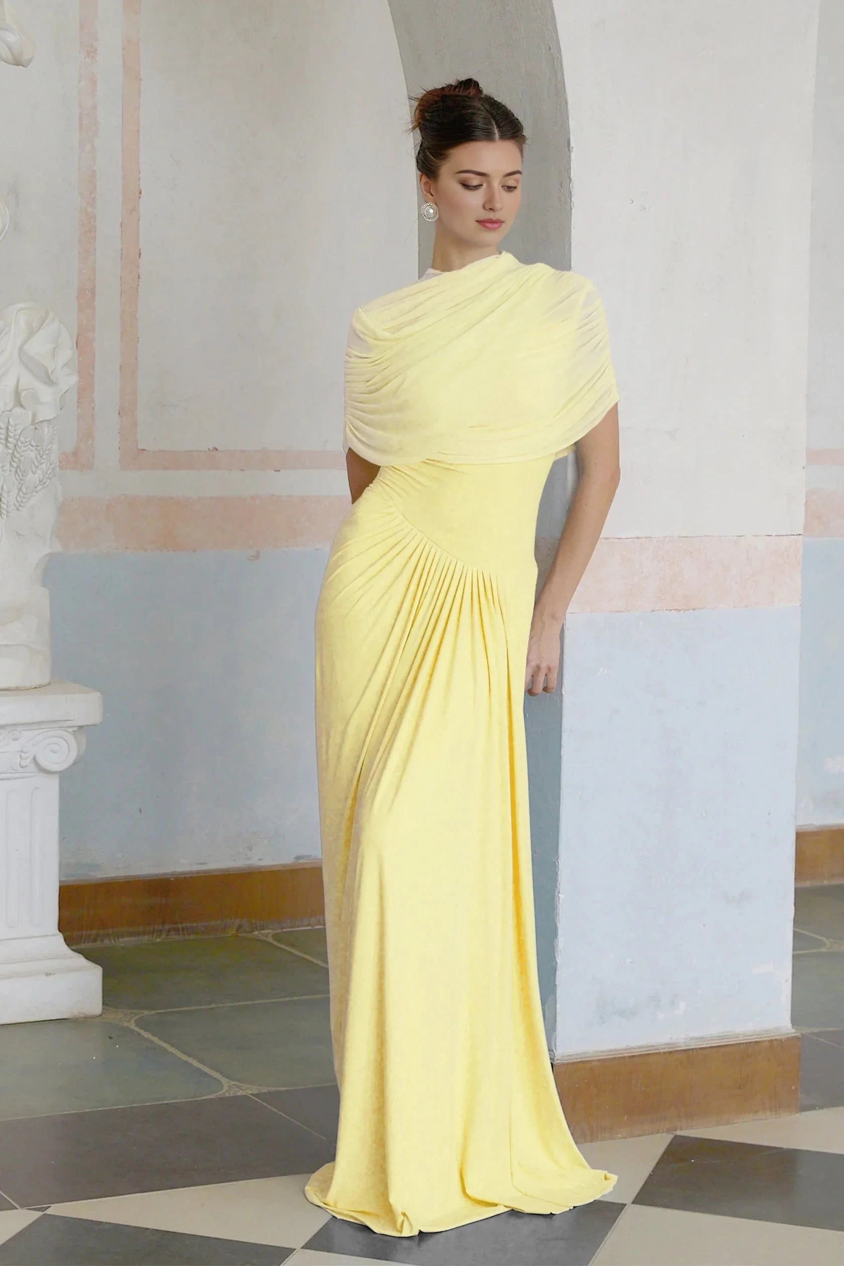 Yellow Draped One - Shoulder Evening Gown asymmetrical pleated maxi dress in Yellow Evening Dress by YiHuiw