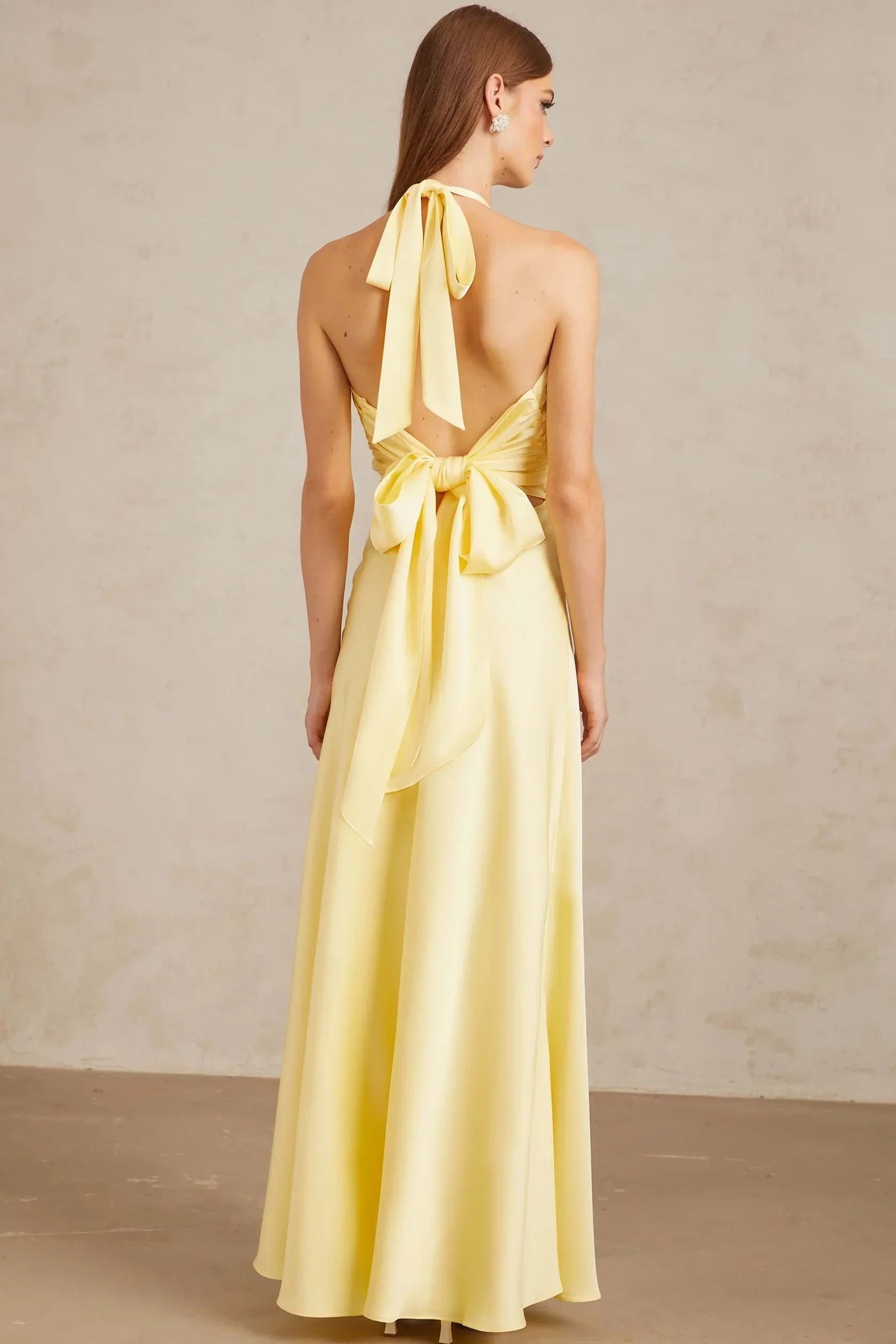 Yellow Halter Neck Back Bow Maxi Dress Yellow Self-Tie Halterneck Maxi Dress Evening Dress by YiHuiw