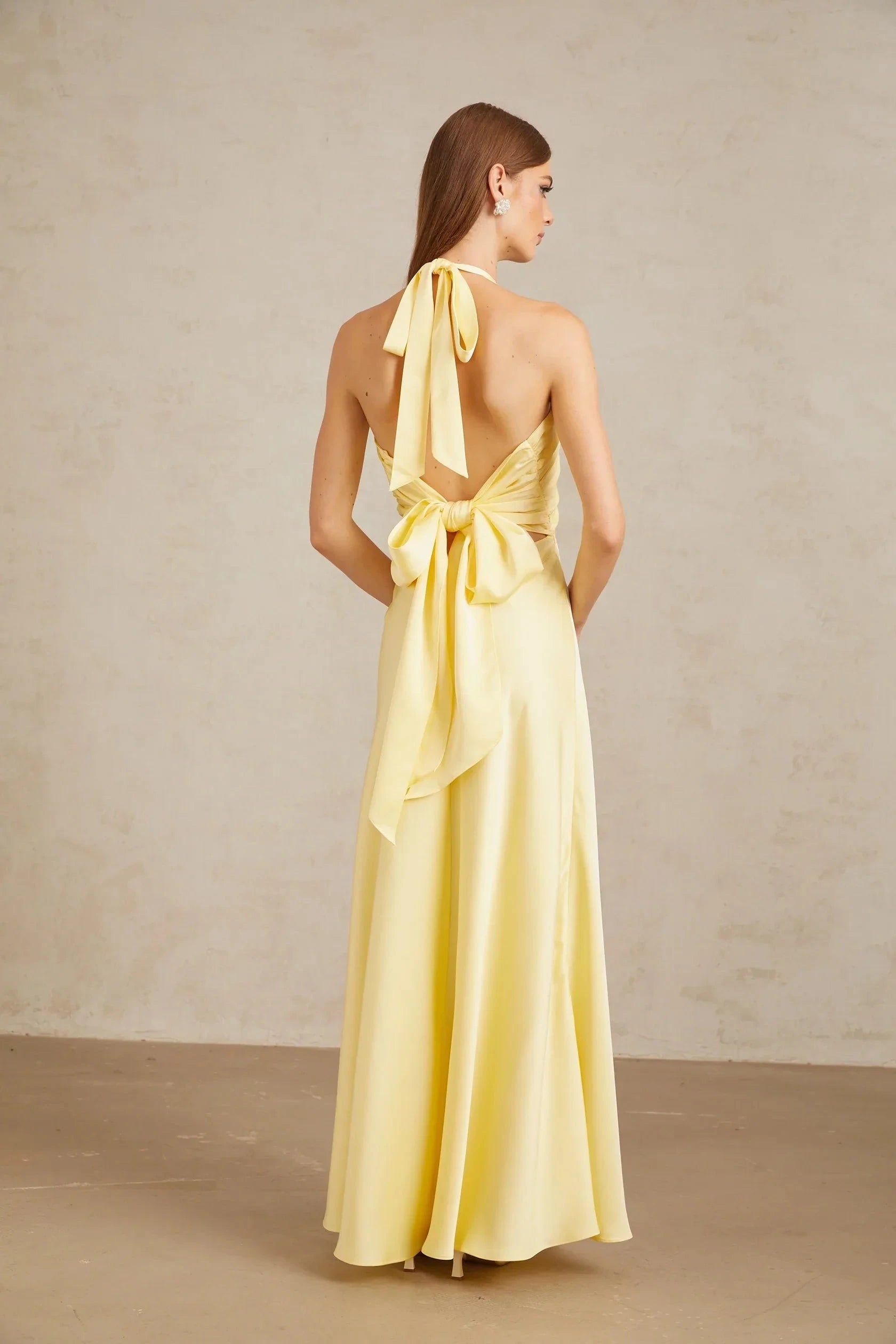 Yellow Halter Neck Back Bow Maxi Dress Yellow Self-Tie Halterneck Maxi Dress Evening Dress by YiHuiw