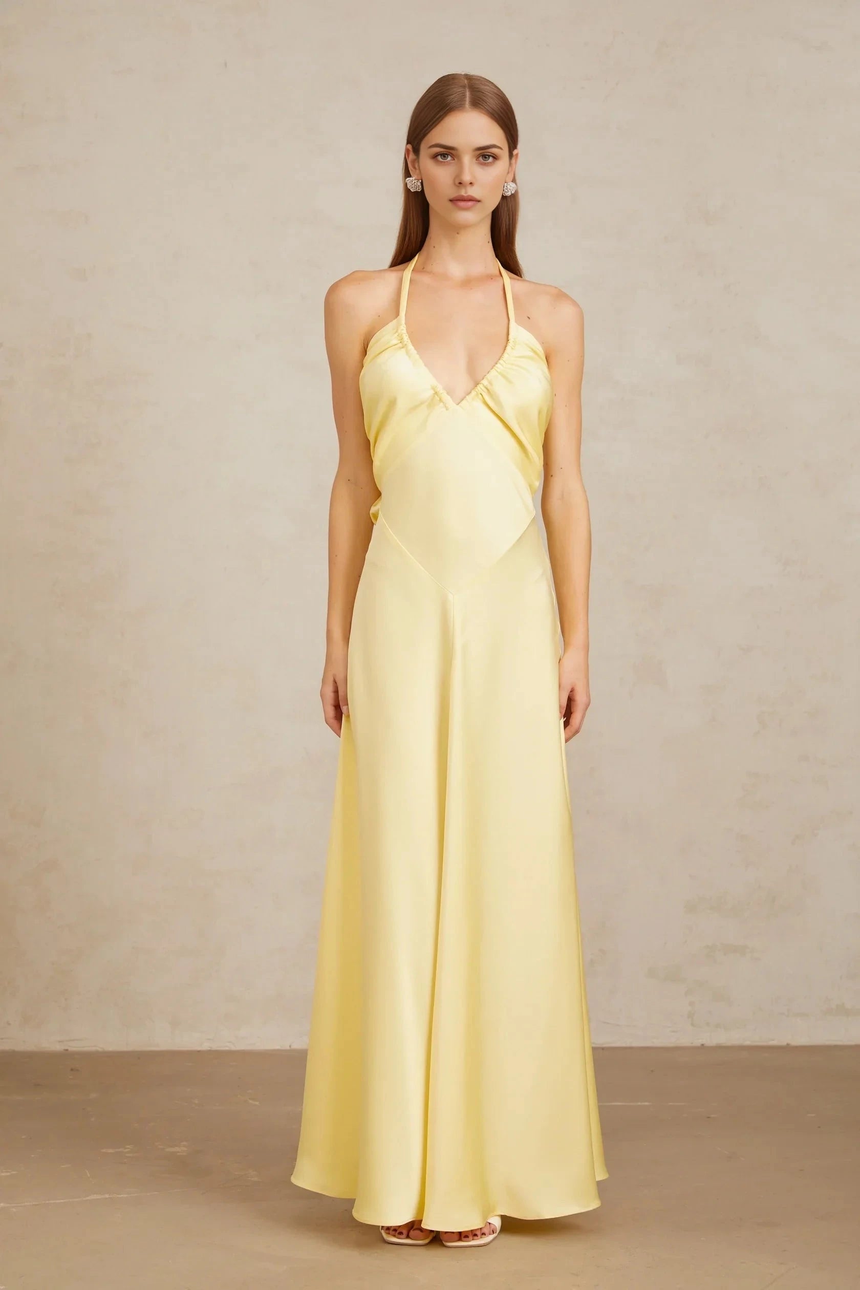 Yellow Halter Neck Back Bow Maxi Dress Yellow Self-Tie Halterneck Maxi Dress Evening Dress by YiHuiw