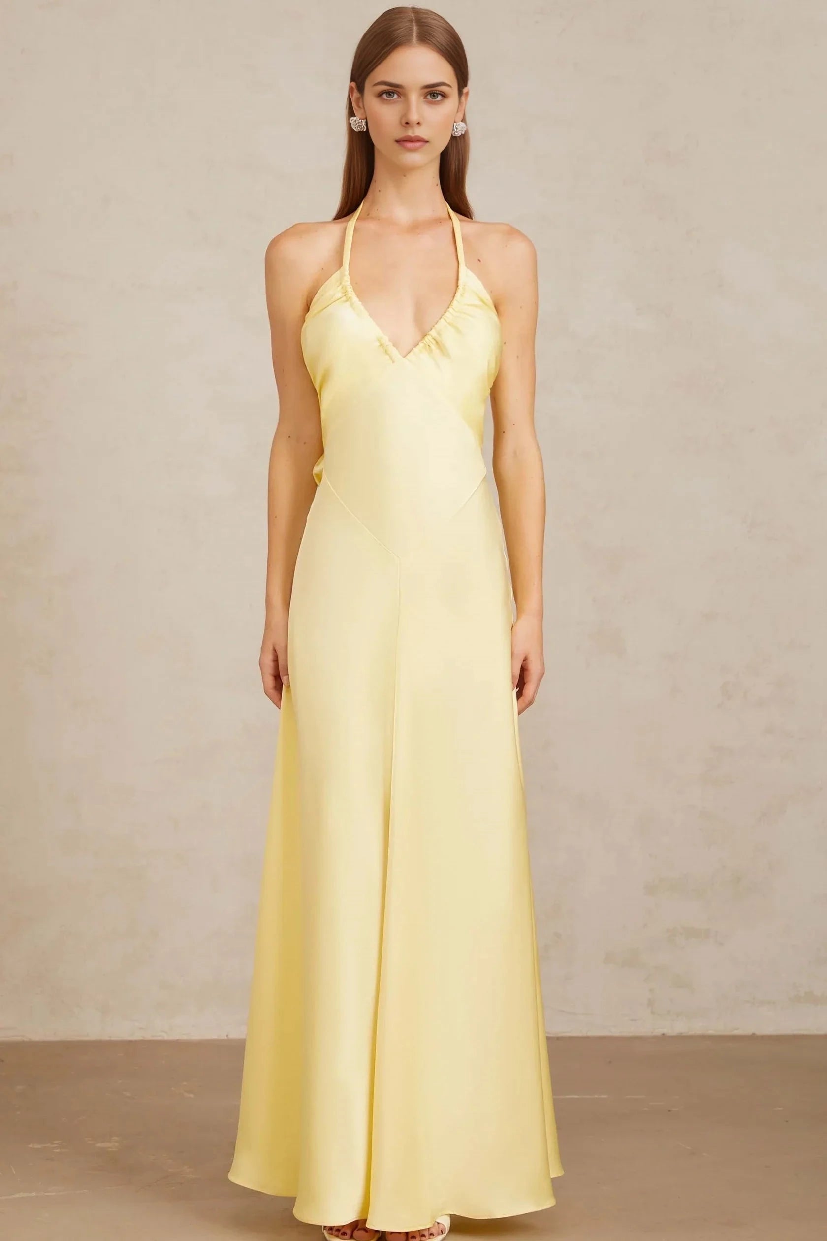 Yellow Halter Neck Back Bow Maxi Dress Yellow Self-Tie Halterneck Maxi Dress Evening Dress by YiHuiw