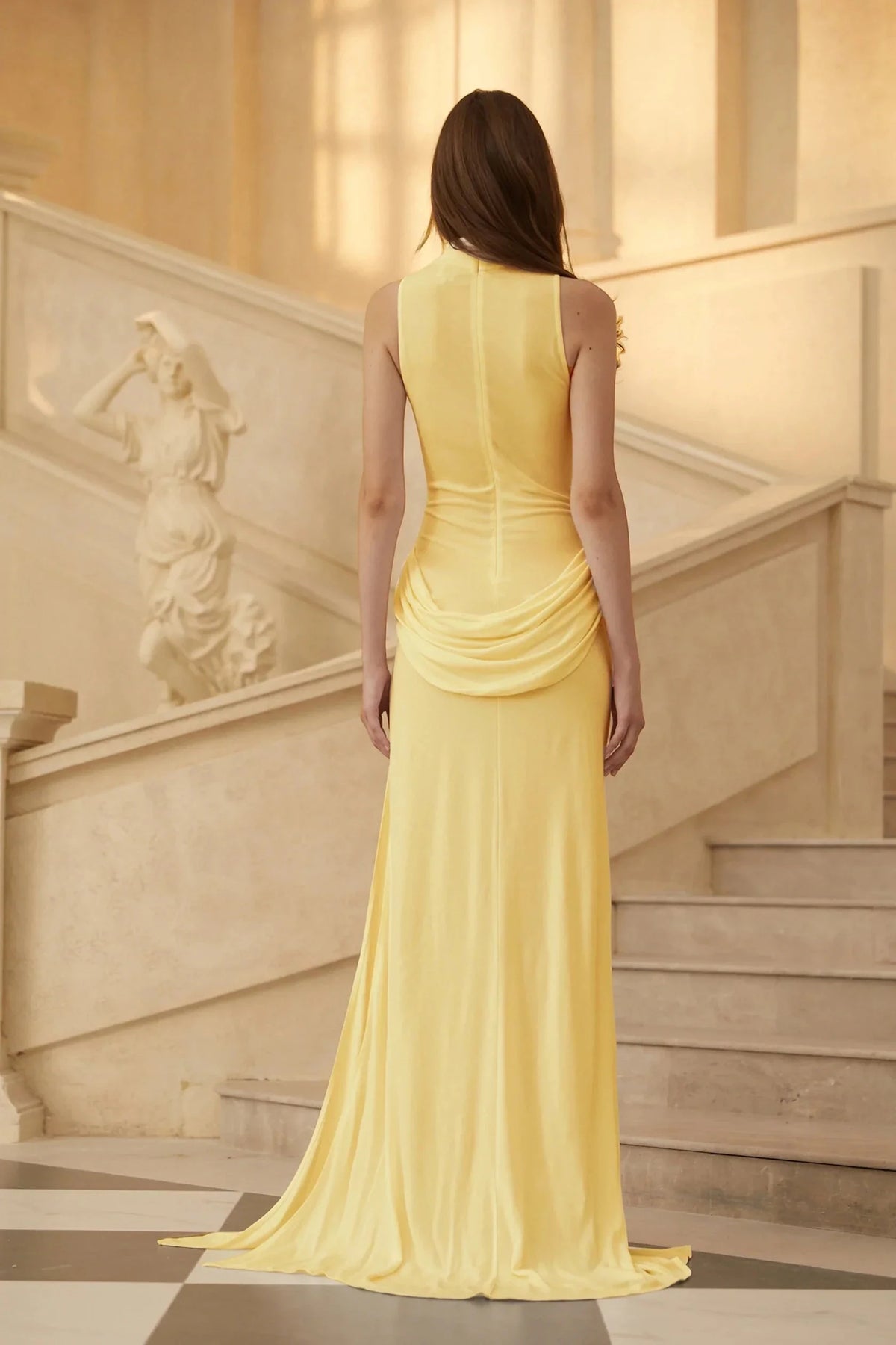 Yellow High Neck Sleeveless Maxi Dress with Draped Detail and Slit Yellow Turtleneck Draped Maxi Dress Evening Dress by YiHuiw