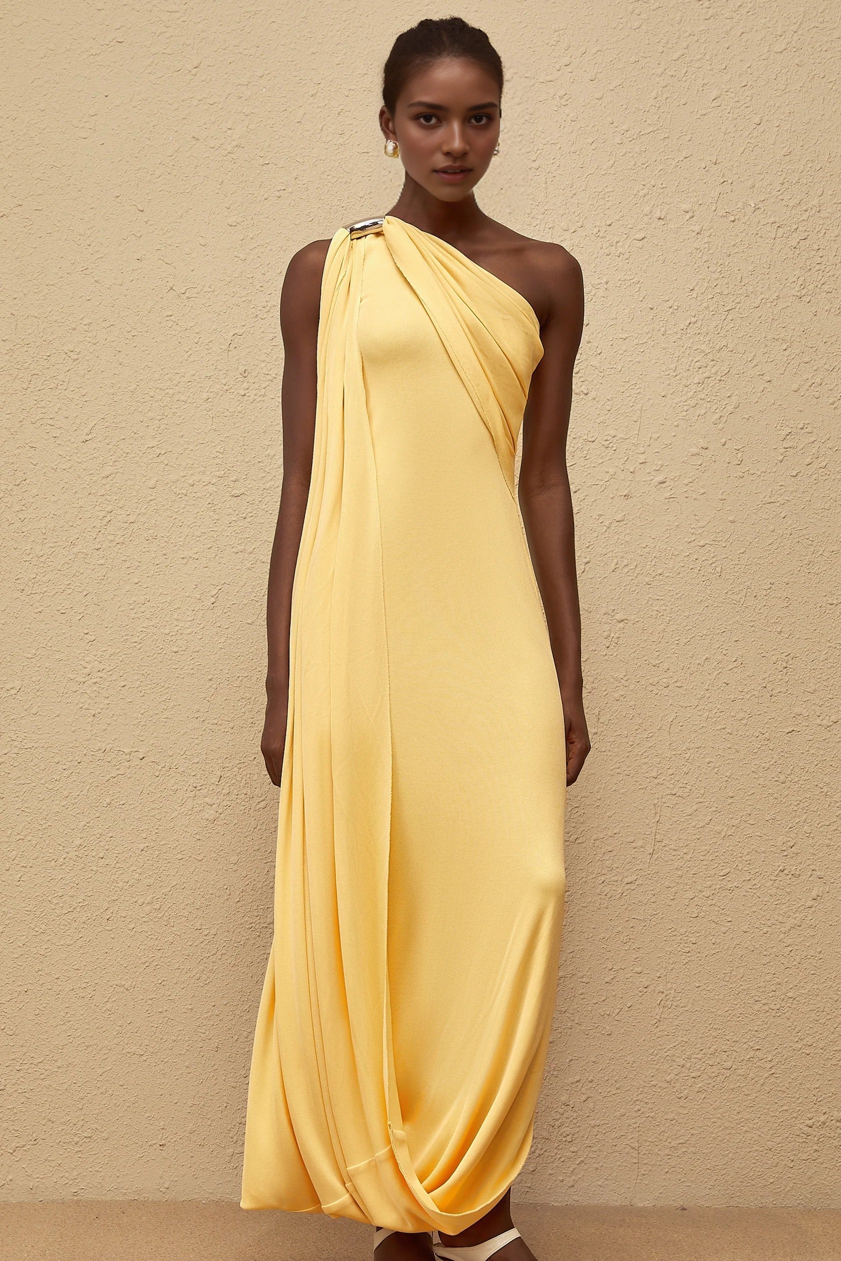 Yellow One - Shoulder Draped Maxi Dress Garance Yellow Draped Asymmetrical Maxi Dress Evening Dress by YiHuiw