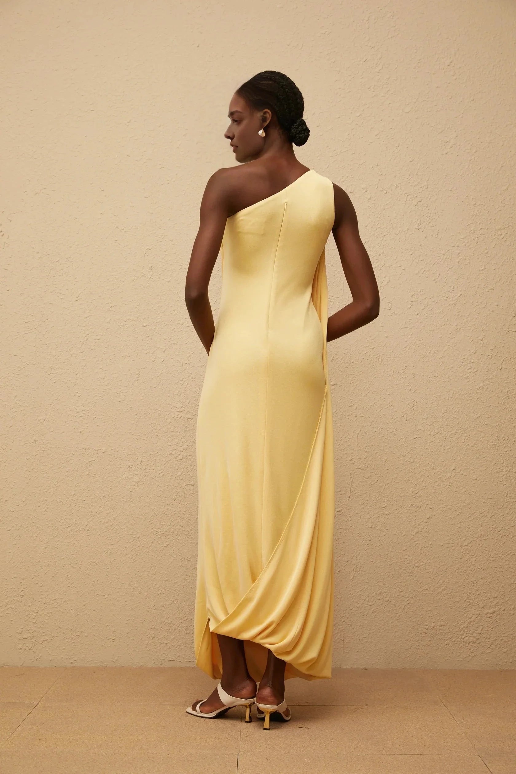 Yellow One - Shoulder Draped Maxi Dress Garance Yellow Draped Asymmetrical Maxi Dress Evening Dress by YiHuiw