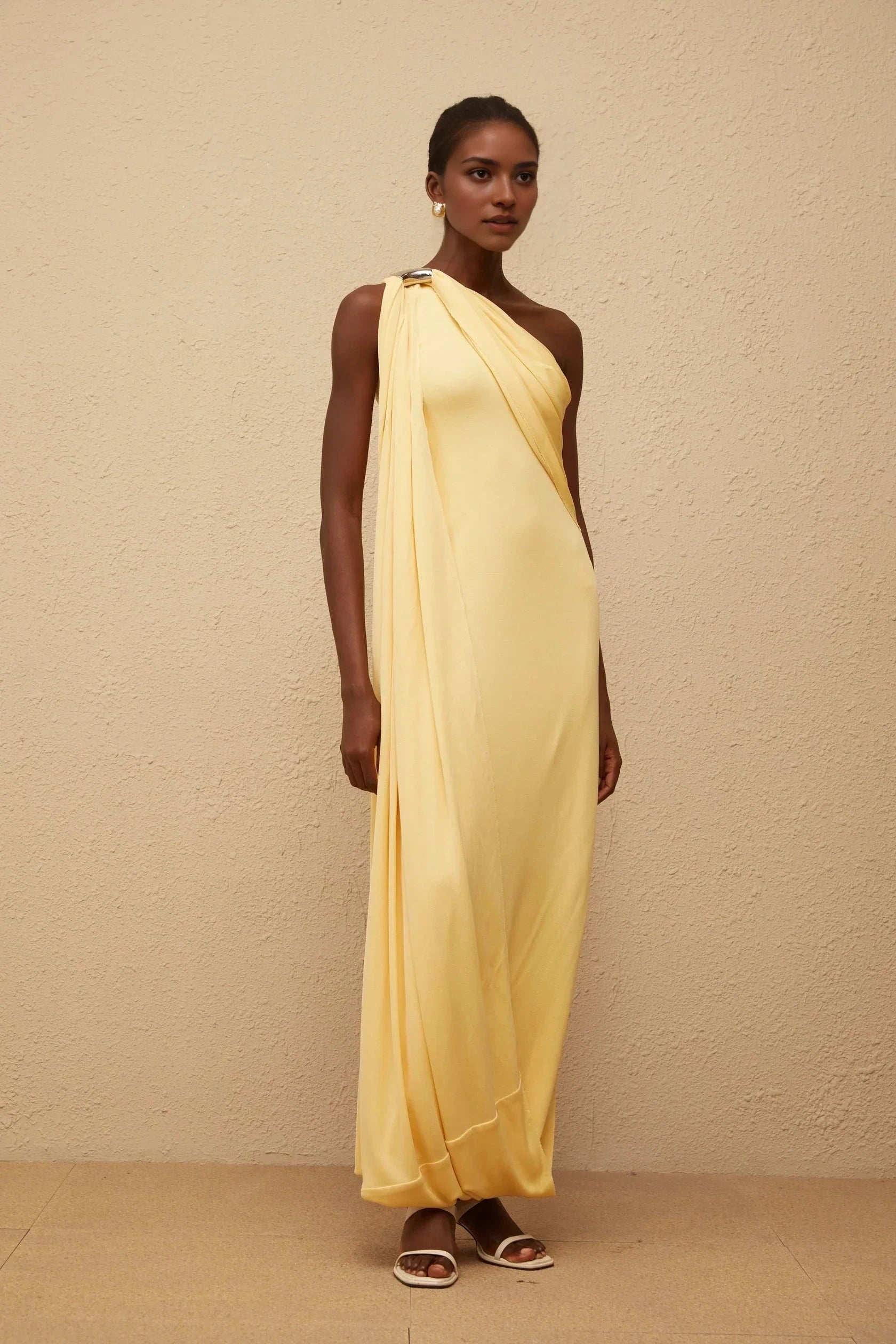 Yellow One - Shoulder Draped Maxi Dress Garance Yellow Draped Asymmetrical Maxi Dress Evening Dress by YiHuiw