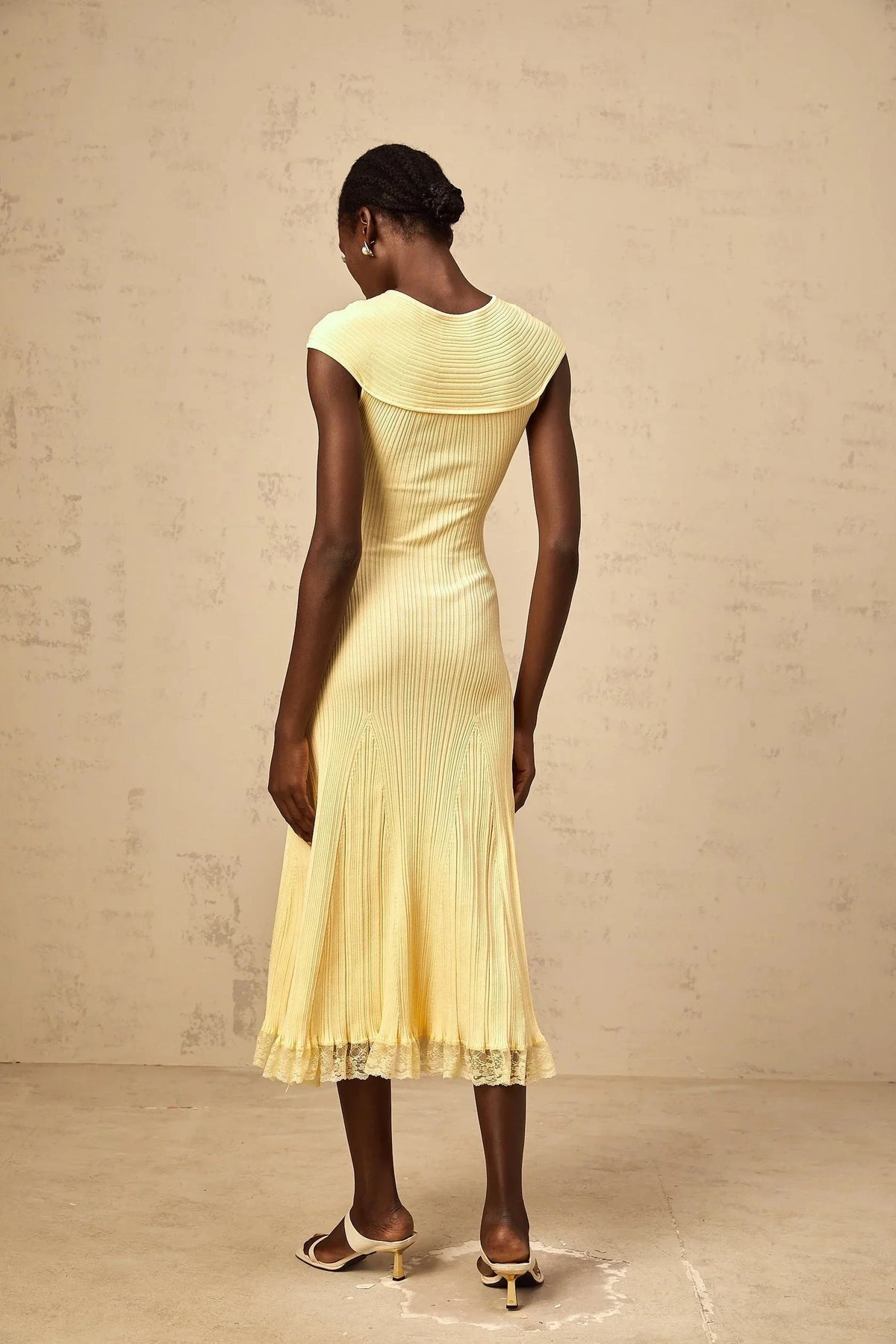 Yellow Ribbed Midi Dress with Lace Trim and Cutout Detail yellow lace-panelled rib-knit midi dress Evening Dress by YiHuiw