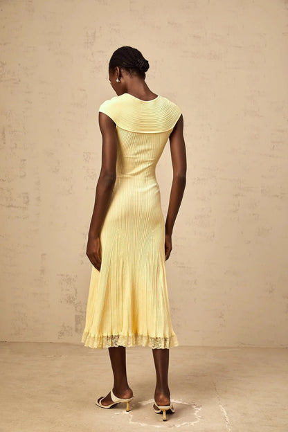 Yellow Ribbed Midi Dress with Lace Trim and Cutout Detail yellow lace-panelled rib-knit midi dress Evening Dress by YiHuiw