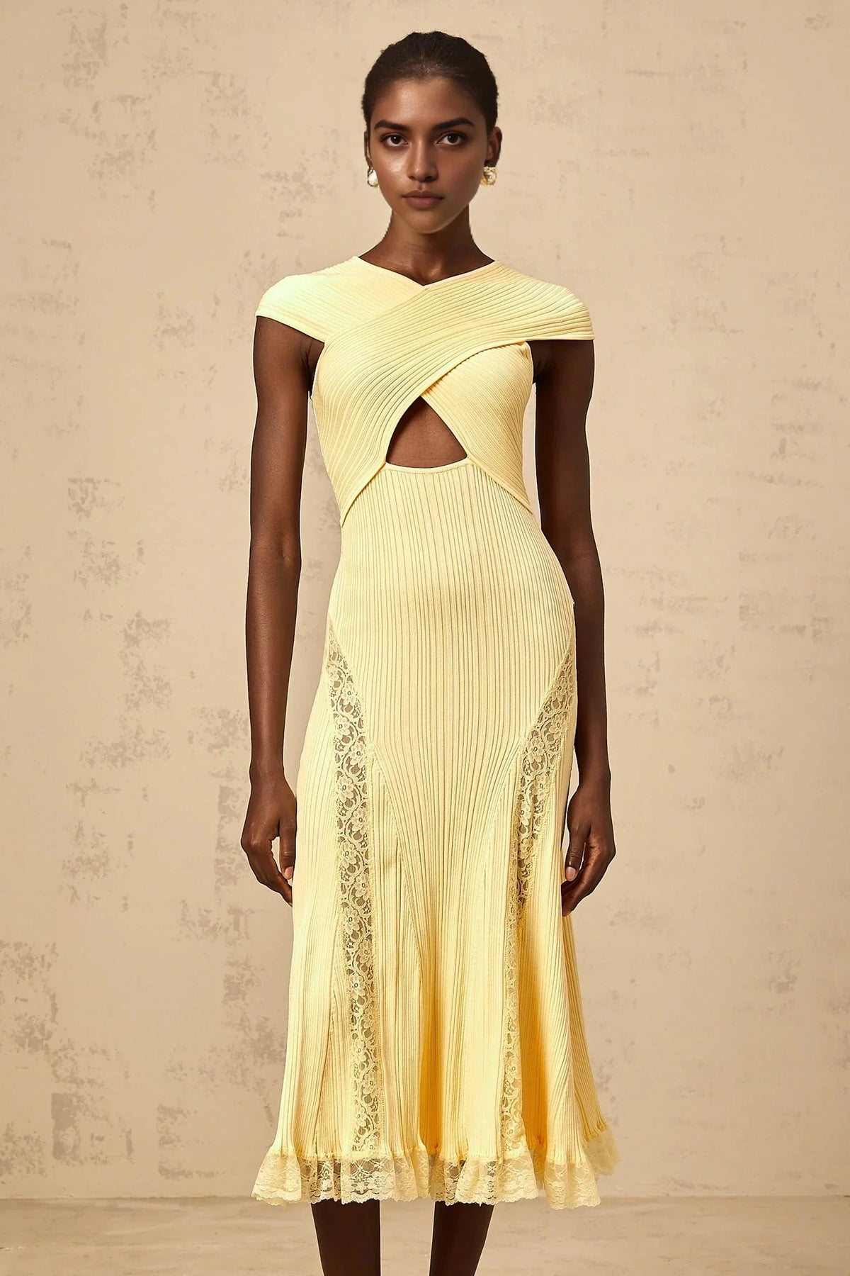 Yellow Ribbed Midi Dress with Lace Trim and Cutout Detail yellow lace-panelled rib-knit midi dress Evening Dress by YiHuiw