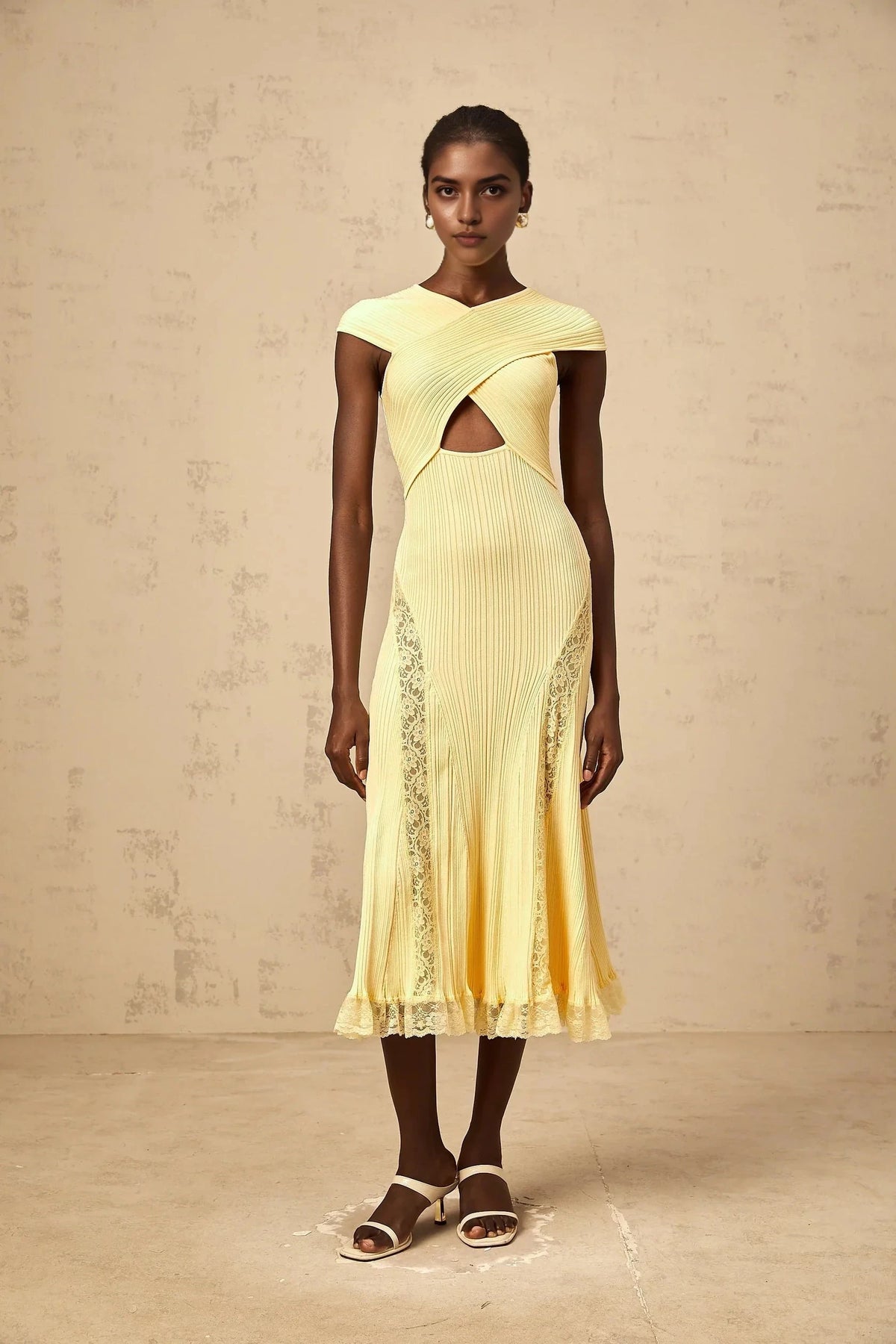 Yellow Ribbed Midi Dress with Lace Trim and Cutout Detail yellow lace-panelled rib-knit midi dress Evening Dress by YiHuiw