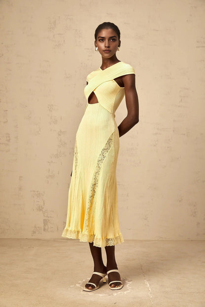 Yellow Ribbed Midi Dress with Lace Trim and Cutout Detail yellow lace-panelled rib-knit midi dress Evening Dress by YiHuiw