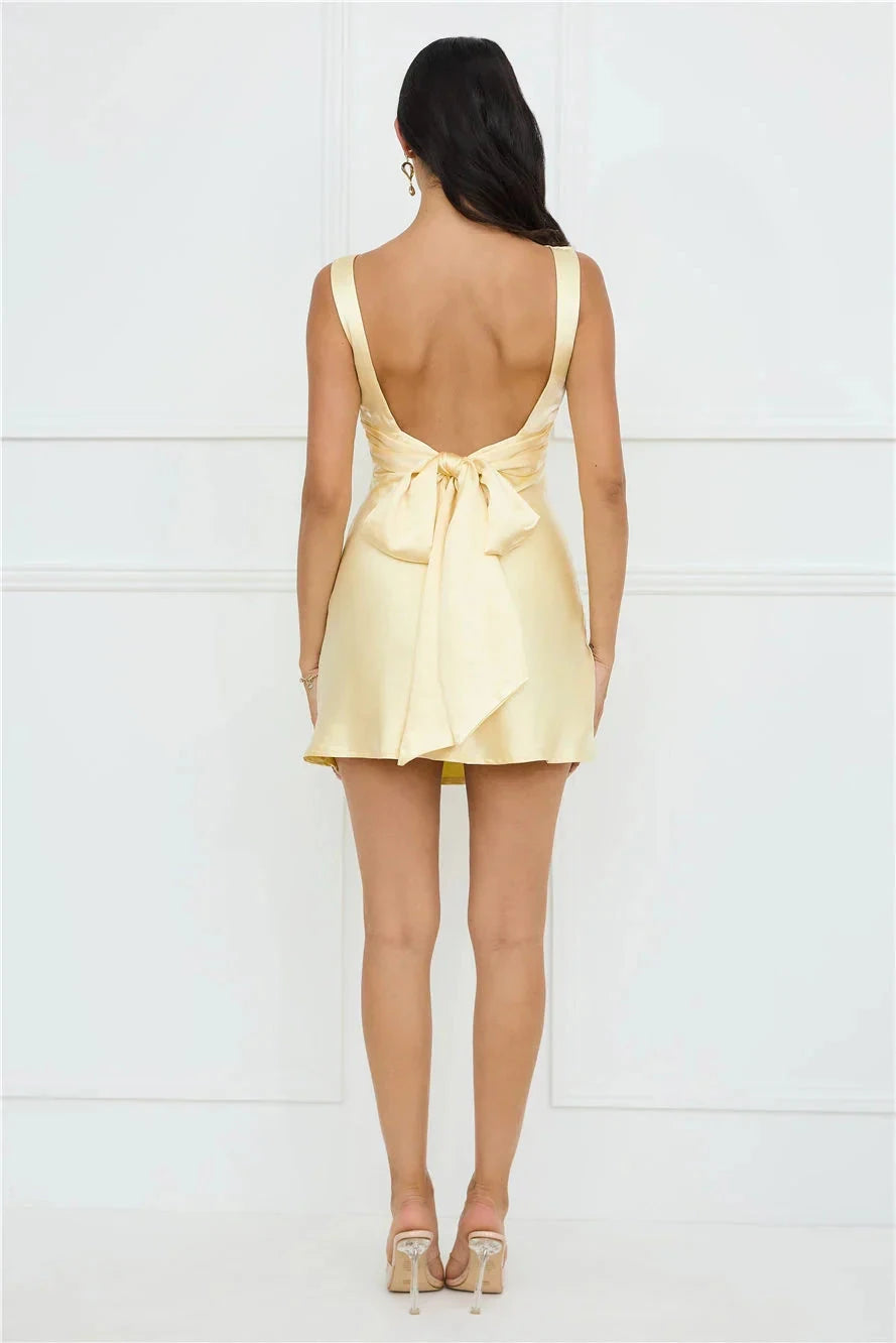 Yellow Satin Mini Dress with Open Back and Bow Detail Satin.Back tie. Short Prom Dress by YiHuiw