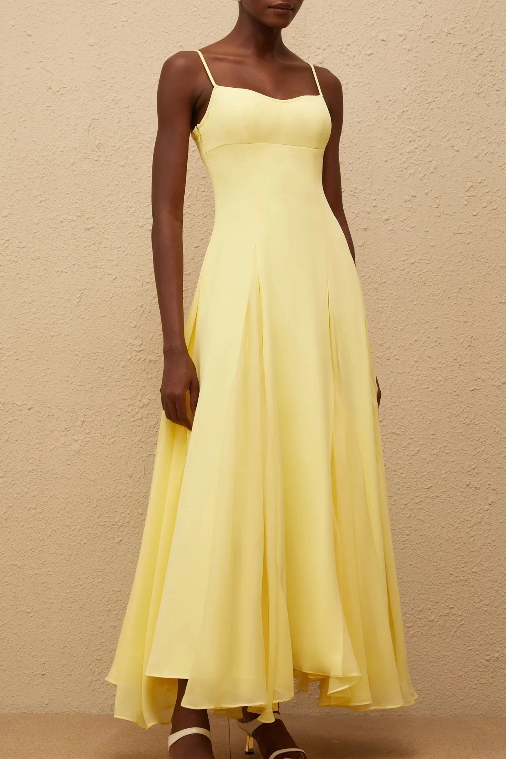 Yellow Spaghetti Strap Flowy Maxi Dress Sofie Yellow Pleated Maxi Dress Evening Dress by YiHuiw