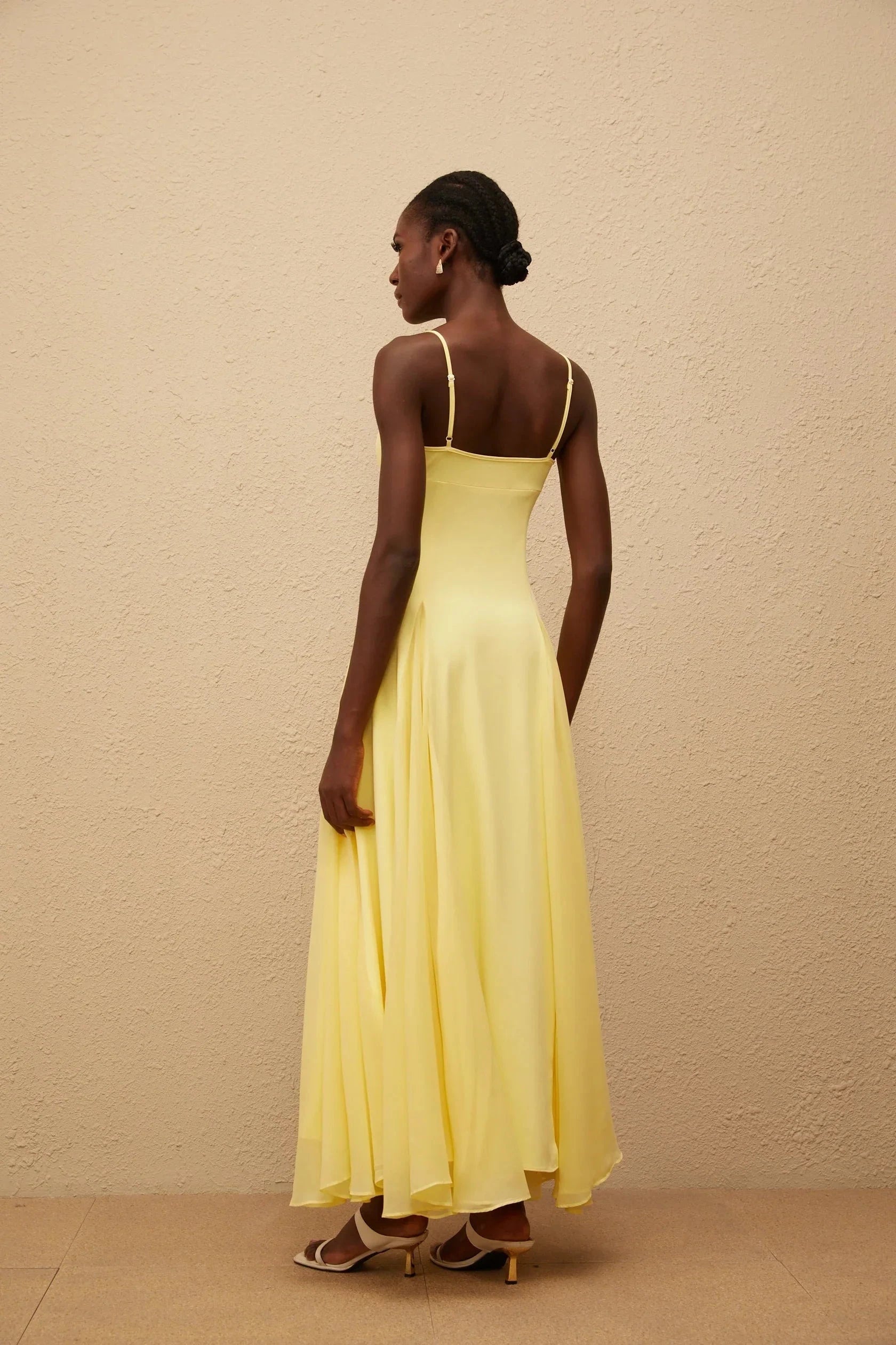 Yellow Spaghetti Strap Flowy Maxi Dress Sofie Yellow Pleated Maxi Dress Evening Dress by YiHuiw