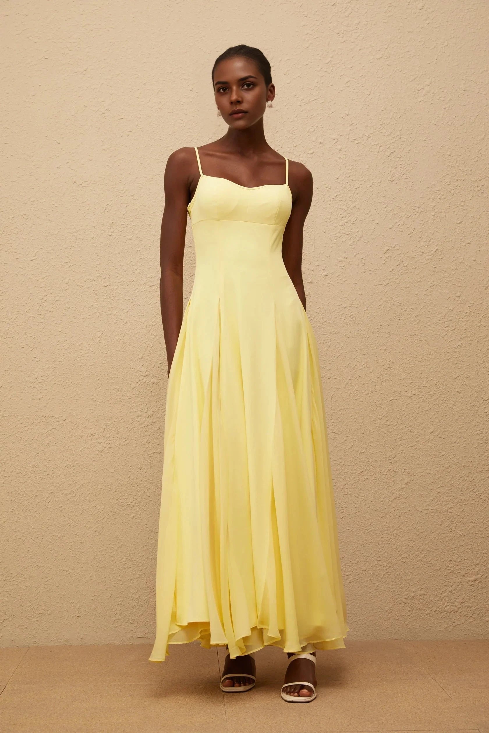 Yellow Spaghetti Strap Flowy Maxi Dress Sofie Yellow Pleated Maxi Dress Evening Dress by YiHuiw