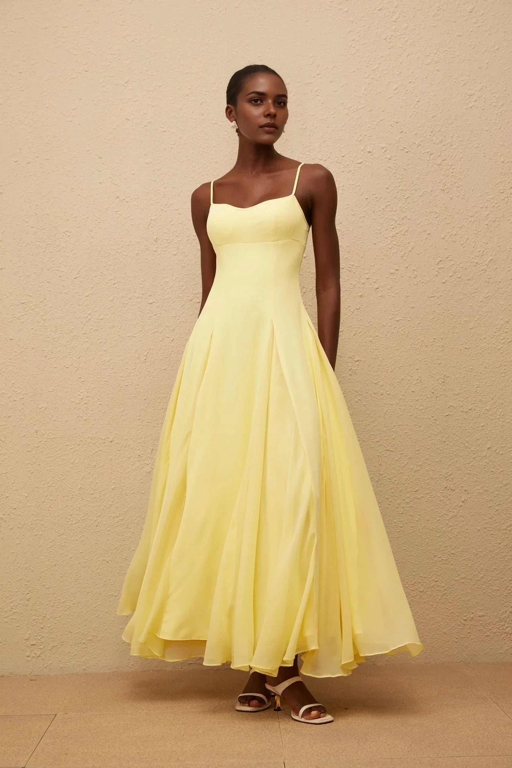 Yellow Spaghetti Strap Flowy Maxi Dress Sofie Yellow Pleated Maxi Dress Evening Dress by YiHuiw
