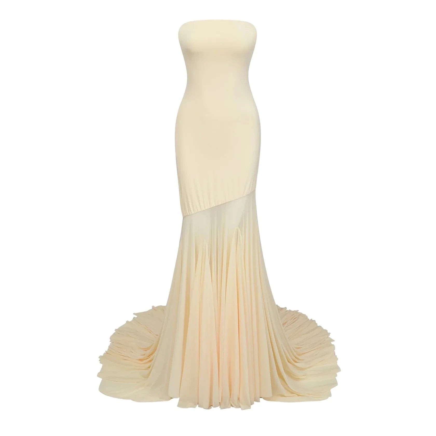 Yellow Strapless Asymmetric Tulle Gown yellow off-shoulder sheer tulle maxi dress Evening Dress by YiHuiw