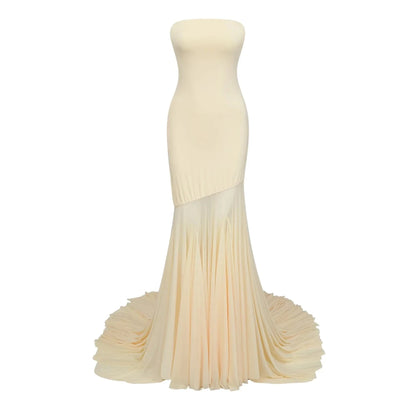 Yellow Strapless Asymmetric Tulle Gown yellow off-shoulder sheer tulle maxi dress Evening Dress by YiHuiw