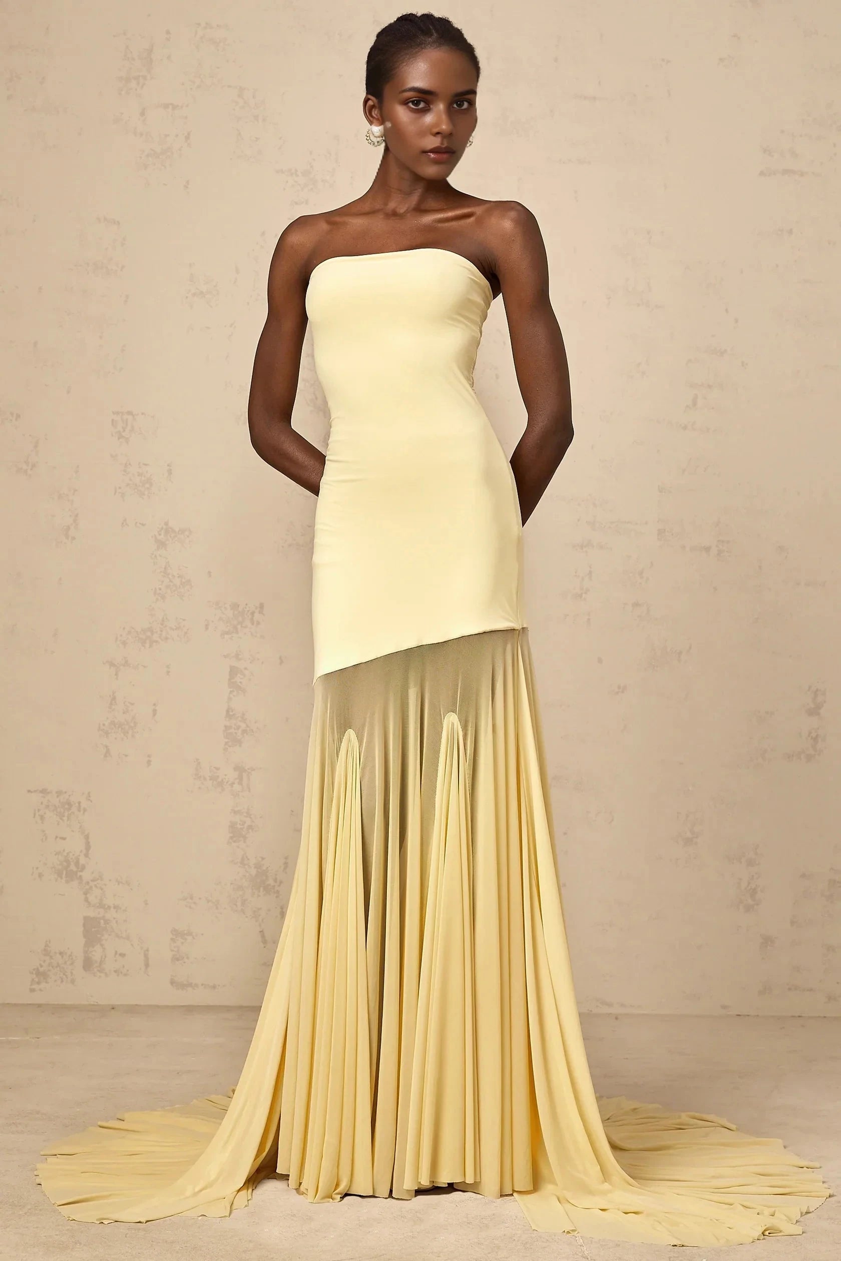 Yellow Strapless Asymmetric Tulle Gown yellow off-shoulder sheer tulle maxi dress Evening Dress by YiHuiw