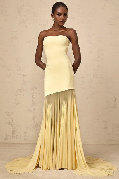 Yellow Strapless Asymmetric Tulle Gown yellow off-shoulder sheer tulle maxi dress Evening Dress by YiHuiw