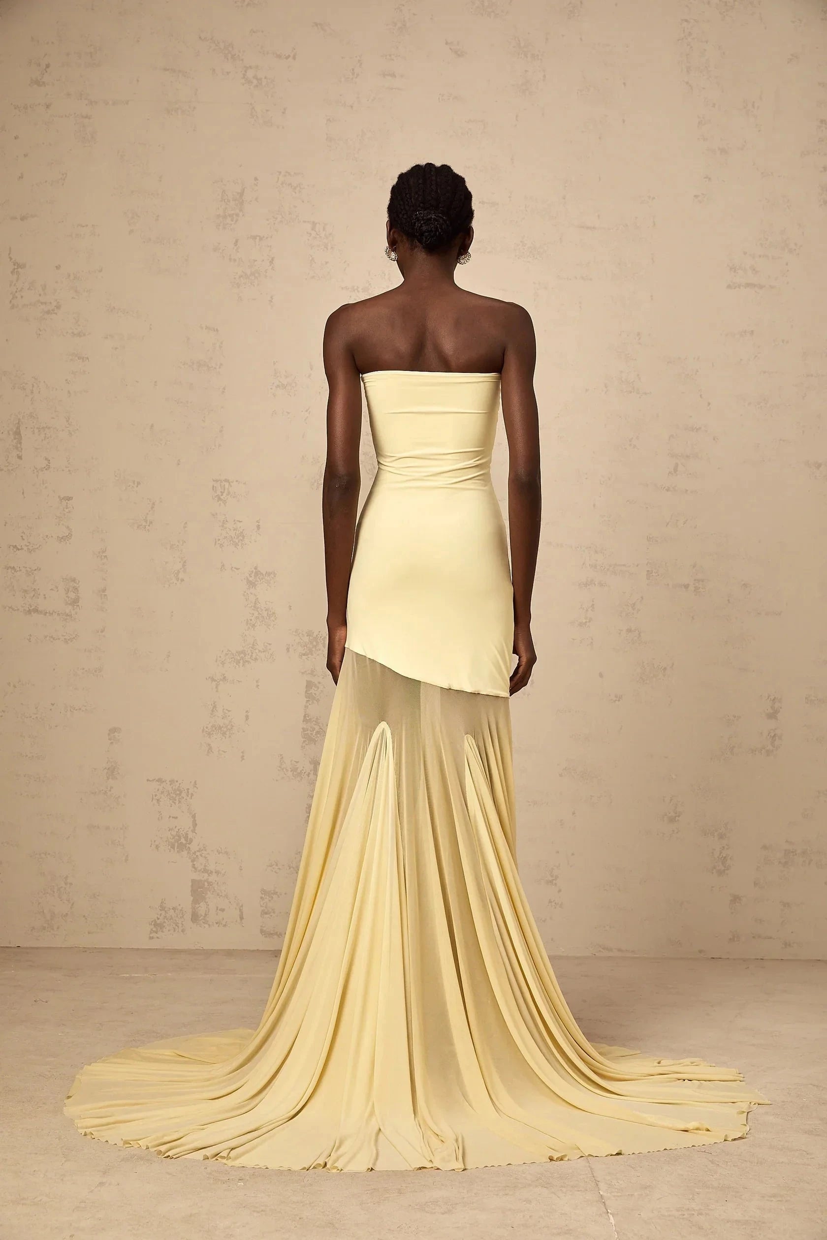 Yellow Strapless Asymmetric Tulle Gown yellow off-shoulder sheer tulle maxi dress Evening Dress by YiHuiw