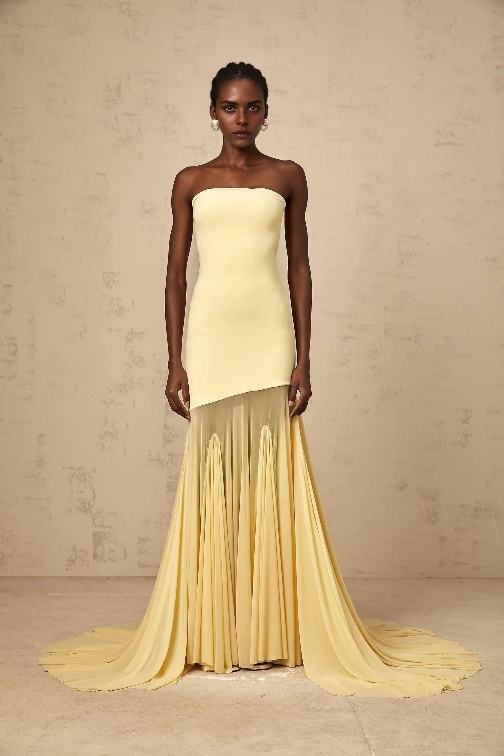 Yellow Strapless Asymmetric Tulle Gown yellow off-shoulder sheer tulle maxi dress Evening Dress by YiHuiw