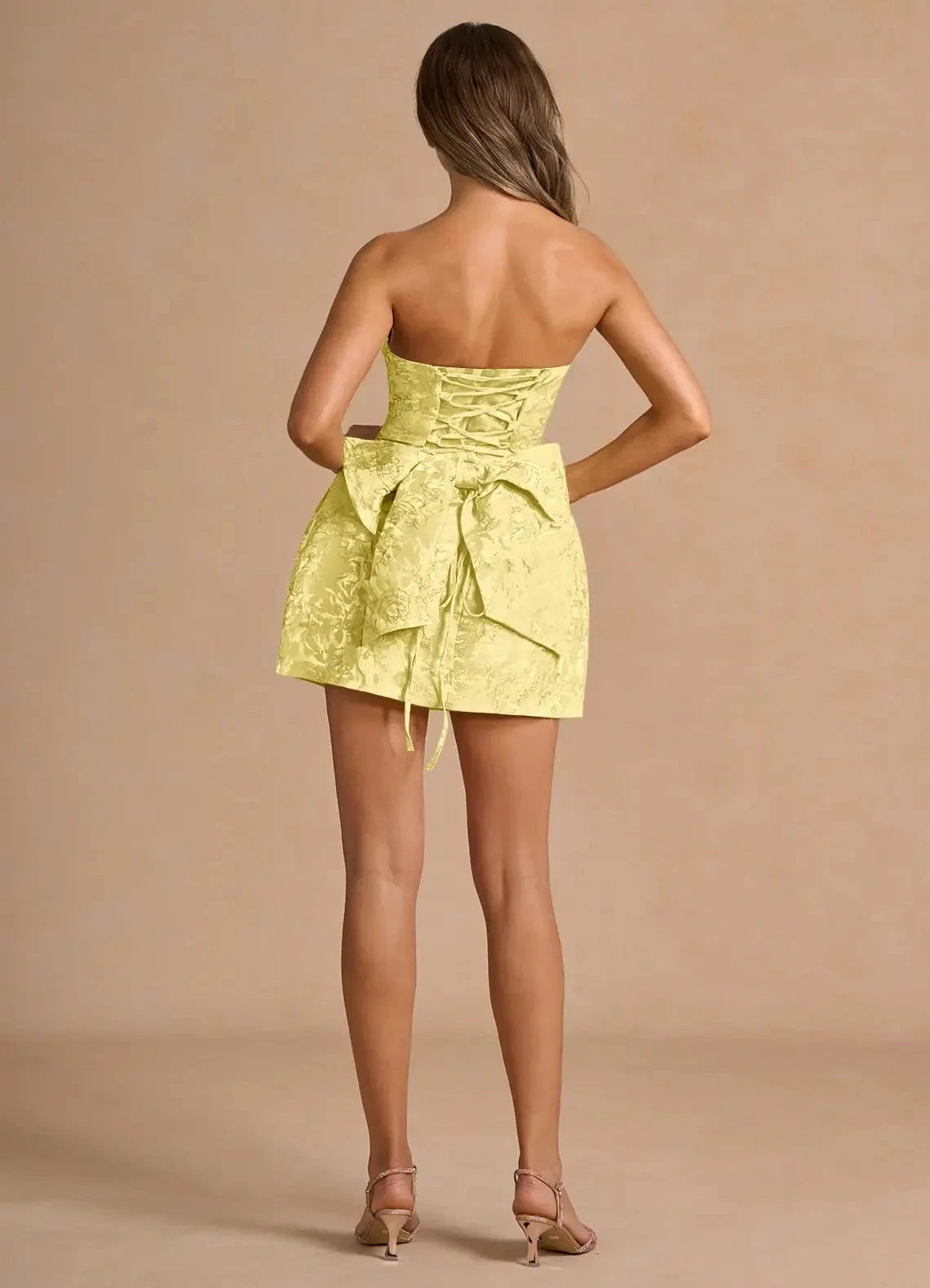 Yellow Strapless Jacquard Mini Dress with Lace - Up Back and Bow Detail Hadleigh Yellow Mini Dress Homecoming Dresses by YiHuiw