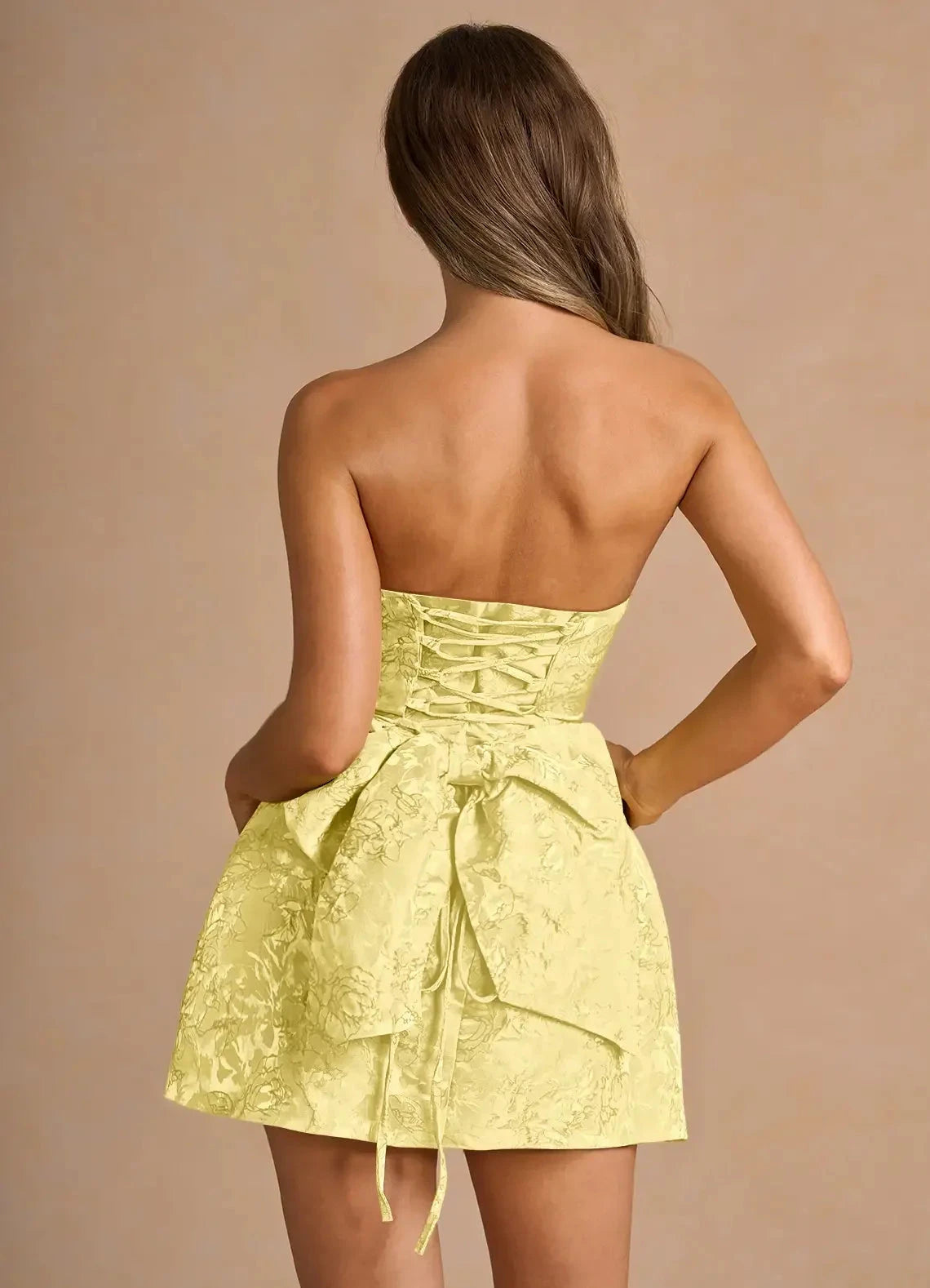 Yellow Strapless Jacquard Mini Dress with Lace - Up Back and Bow Detail Hadleigh Yellow Mini Dress Homecoming Dresses by YiHuiw