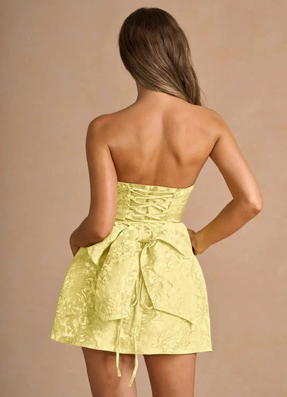 Yellow Strapless Jacquard Mini Dress with Lace - Up Back and Bow Detail Hadleigh Yellow Mini Dress Homecoming Dresses by YiHuiw