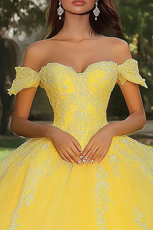 Yellow Off-the-Shoulder Ball Gown Prom Dress with Tulle Skirt and Sweetheart Neckline