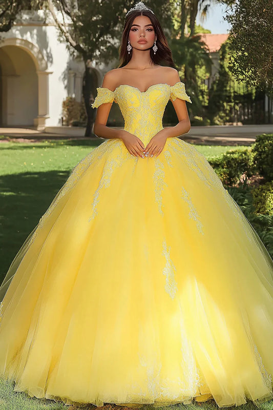 Yellow Off-the-Shoulder Ball Gown Prom Dress with Tulle Skirt and Sweetheart Neckline