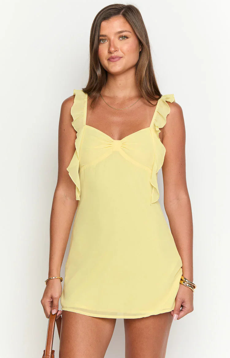 Yellow Gathered details at centre bust Full Of Charm Mini Dress by lanqidress