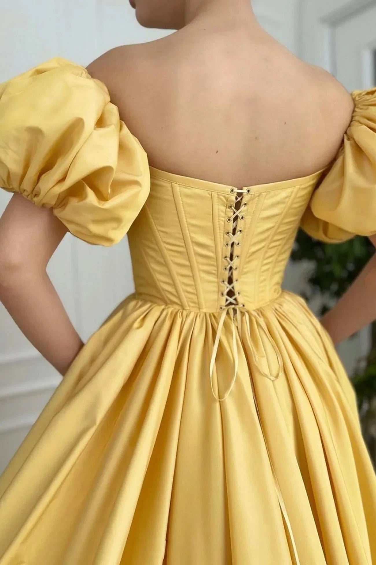 Yellow Satin Long A-Line Prom Dress Cute Short Sleeve Evening Dress with Slit simple gentle atmospheric and unique desi Bring summer colors to enhance whitenes by YiHuiw