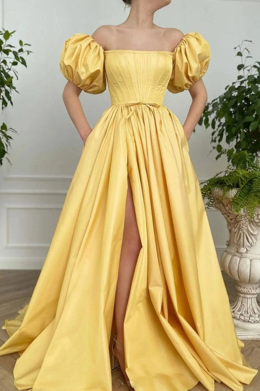 Yellow Satin Long A-Line Prom Dress Cute Short Sleeve Evening Dress with Slit simple gentle atmospheric and unique desi Bring summer colors to enhance whitenes by YiHuiw