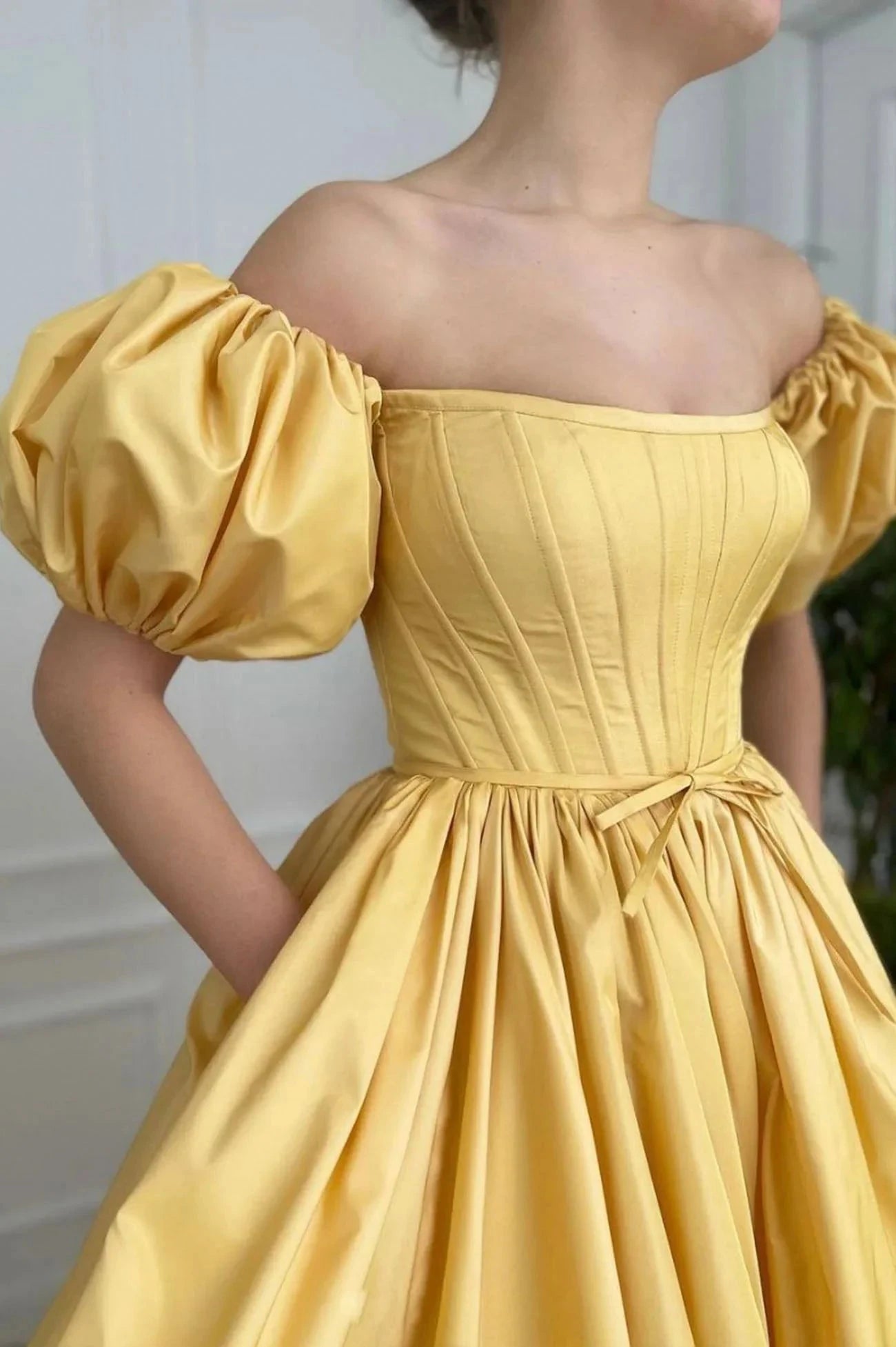 Yellow Satin Long A-Line Prom Dress Cute Short Sleeve Evening Dress with Slit simple gentle atmospheric and unique desi Bring summer colors to enhance whitenes by YiHuiw